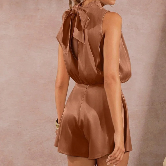 Brown Elegant Women's Asymmetrical Mock Neck Draped Front Satin romper - Picture 3 of 6